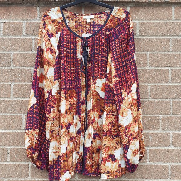 Autumn Colors Flower Boho Satin-feel Flowy Button L/Sleeve Blouse 1X,measurement - Picture 1 of 5